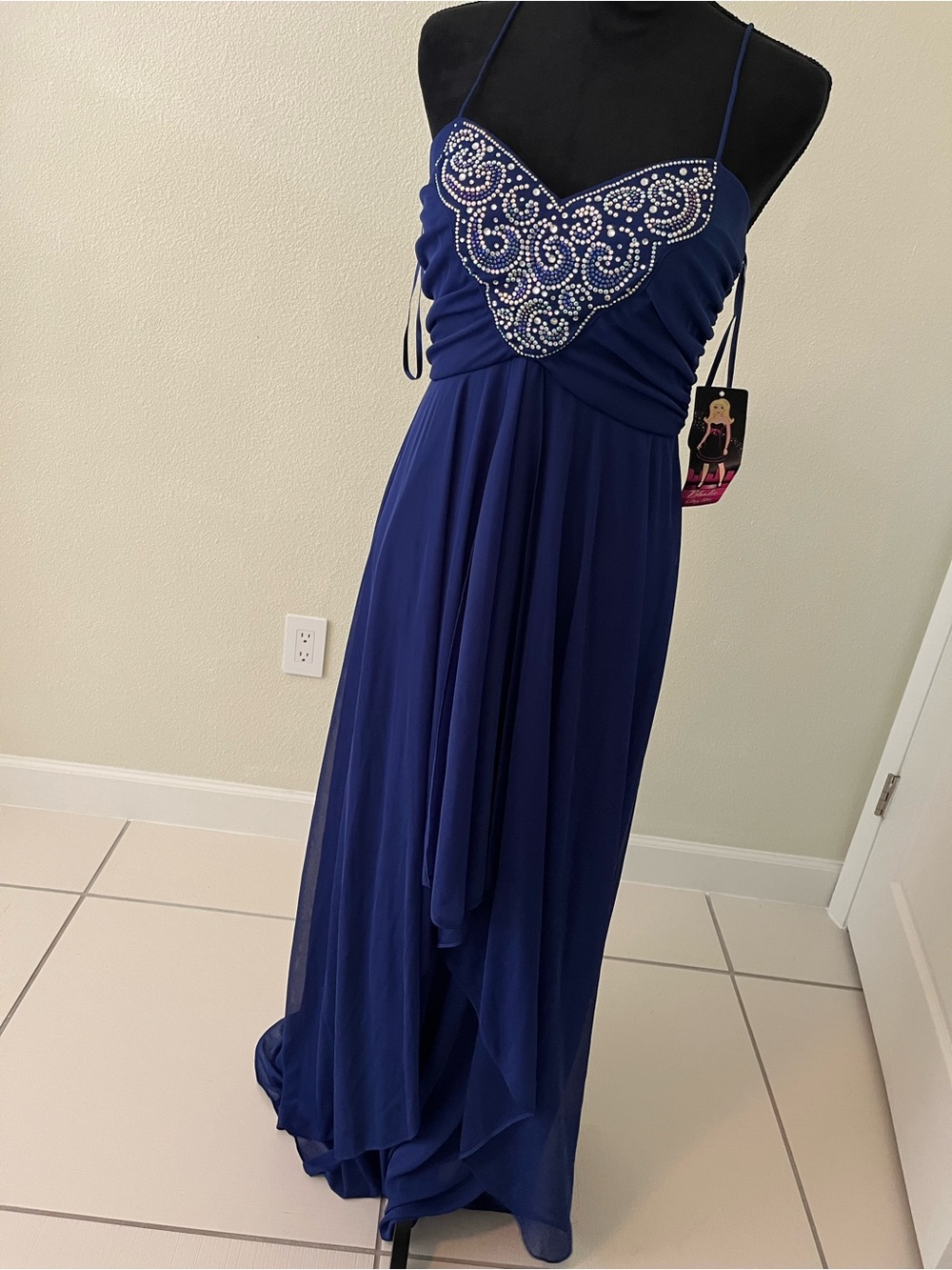 Blondie Nites Royal Blue Beaded Halter Maxi Dress